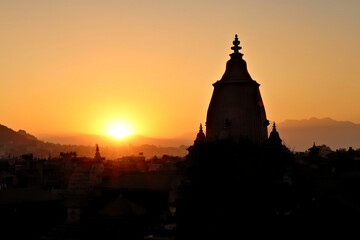 Sunset over Bhaktapur, the silhouette, contour of the Shilu, Silu Mahadeva, Mahadev Temple in front...