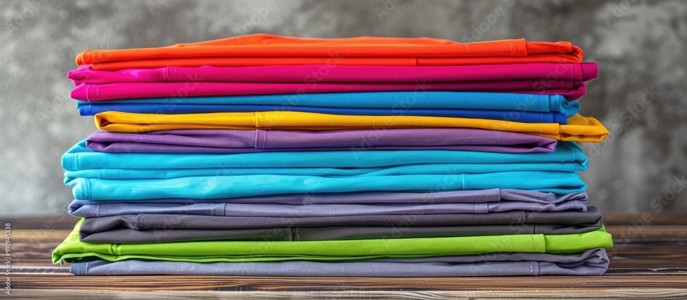 Poster A variety of colorful t shirts stacked neatly against a backdrop of folded clothes creating a vibrant display with copy space image