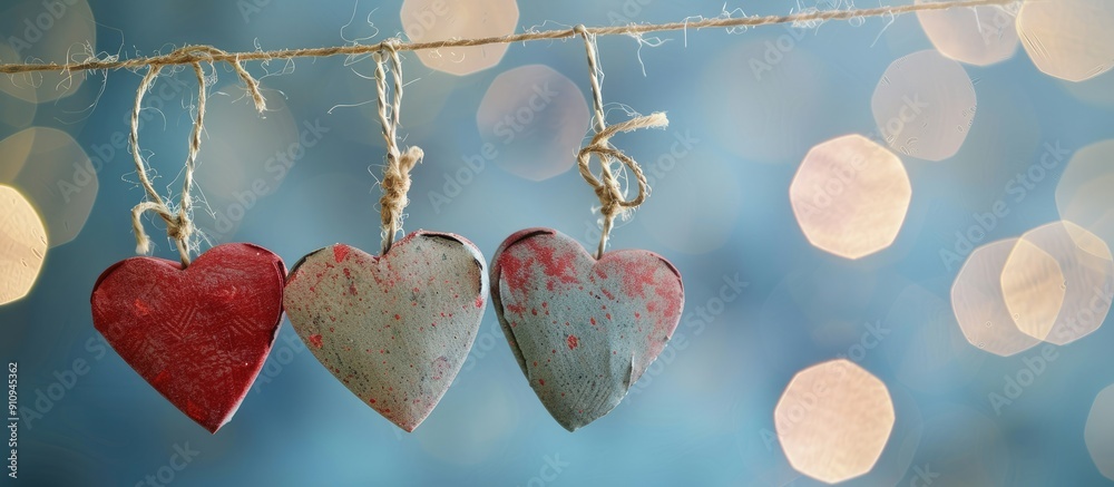 Poster Heart shaped handmade decorations hanging on a string with a blurred background creating a festive Valentine s Day themed copy space image