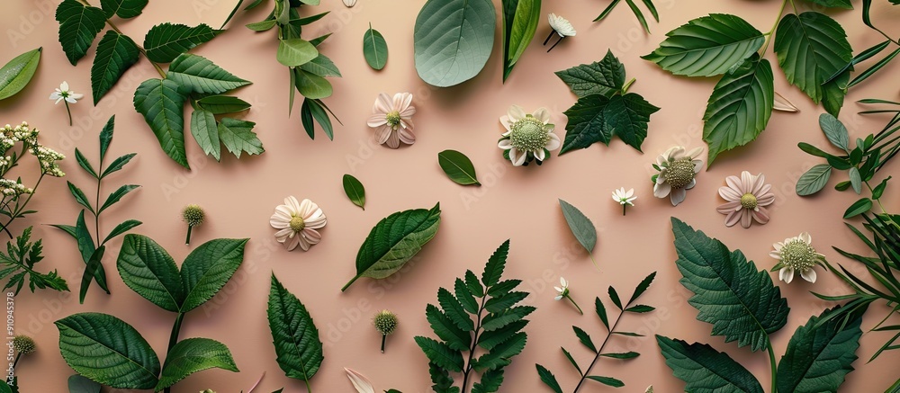 Poster nature themed background with flowers and leaves in a flat lay arrangement perfect for a copy space 