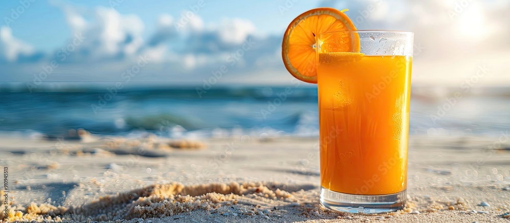 Poster tropical orange juice with fresh orange slices served in a glass on a sandy beach representing a sum