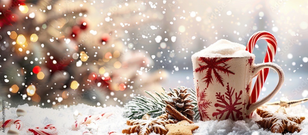 Leinwandbilder festive cup with fir trees candy canes and ginger cookies on a snowy background perfect for a christ
