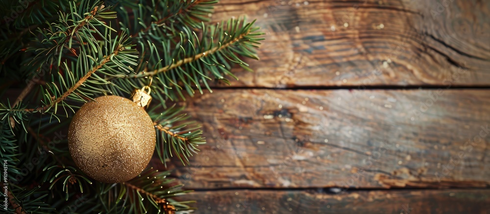 Poster a festive christmas decoration featuring a fir branch and a sizable golden ornament on a rustic wood