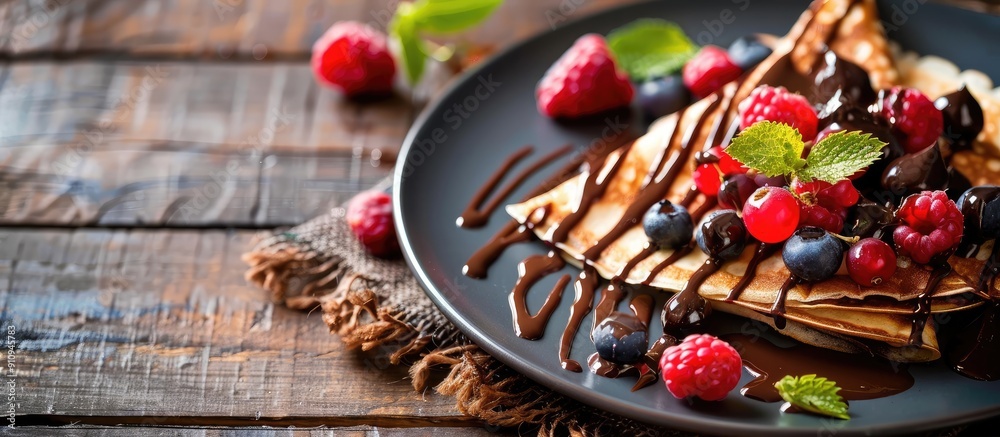 Aufkleber selective focus is used in a picture of homemade chocolate crepes adorned with fresh berries and cho