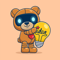 Cute bear robot embraces a big lightbulb. Cartoon vector icon illustration
