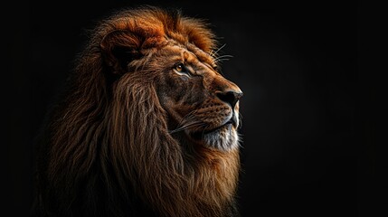 A majestic lion with a golden mane looking up into the darkness with copy space