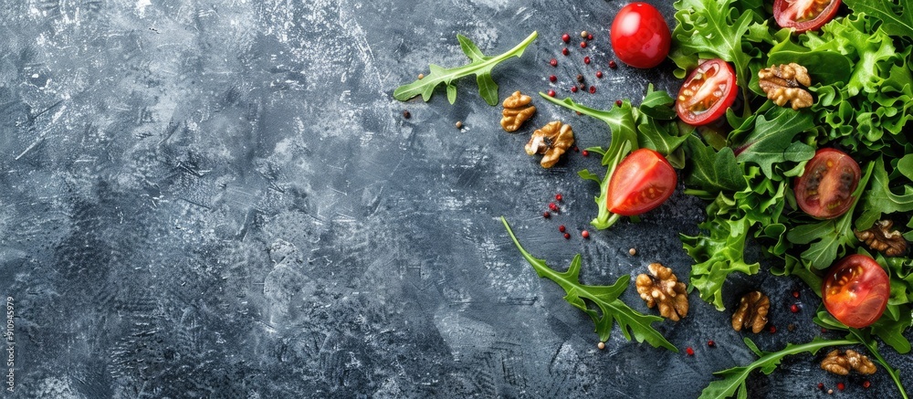 Poster Fresh organic vegetables walnuts and salad mix on a stone cooking background with copy space for an image viewed from above and flat