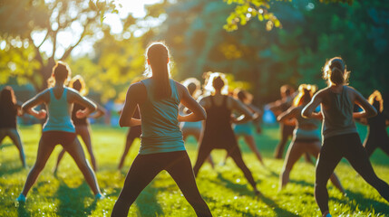 Group Fitness Class for Women Exercising Outdoors