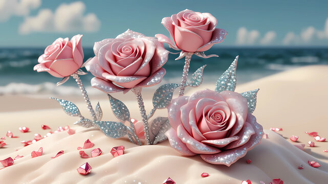 rosas 3d com perola de diamante, fundo areia do mar, detalhes de GLITTER rosa