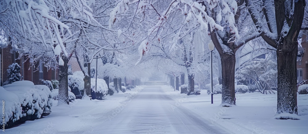 Aufkleber Snow blankets the alley with trees covered in a layer of snow featuring abundant copy space image