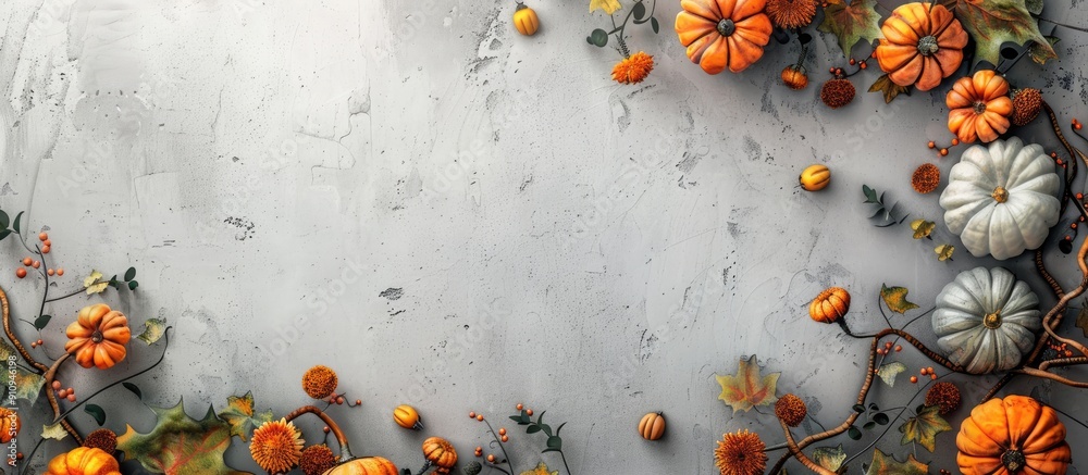 Poster a grey concrete background adorned with pumpkins and flowers featuring ample copy space image