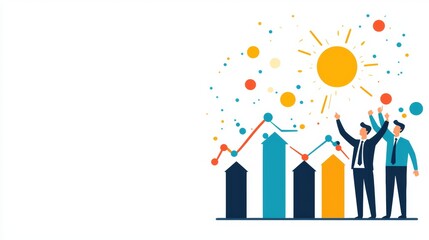 Obraz premium Two professionals celebrate success with upward trends and a vibrant sun, symbolizing growth and achievement in business.