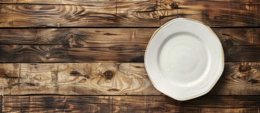 Aufkleber wooden background showcasing an empty white plate with copy space image