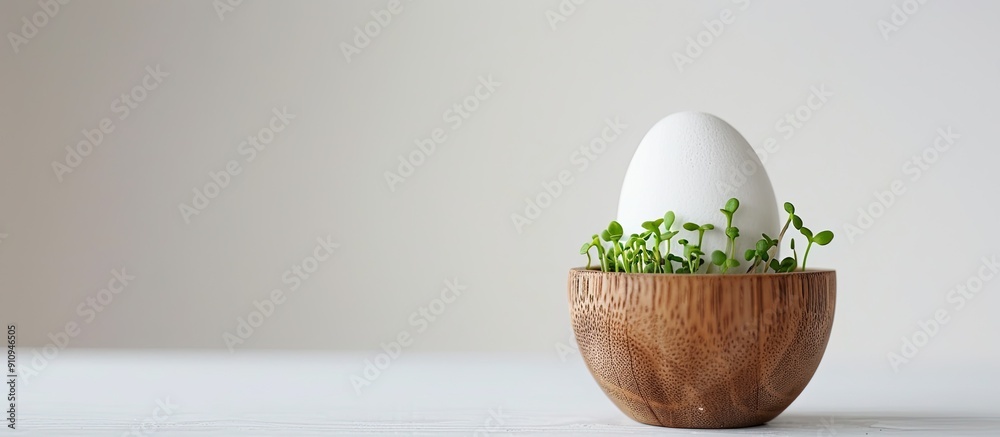 Aufkleber green sprouts in a white egg displayed in a wooden egg box against a white backdrop with selective f