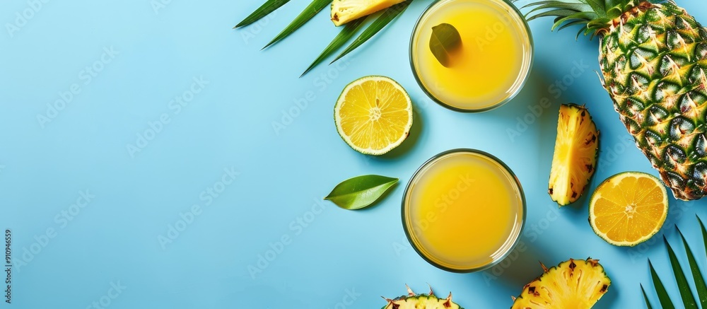 Poster pineapple juice and slices on blue backdrop with copy space image