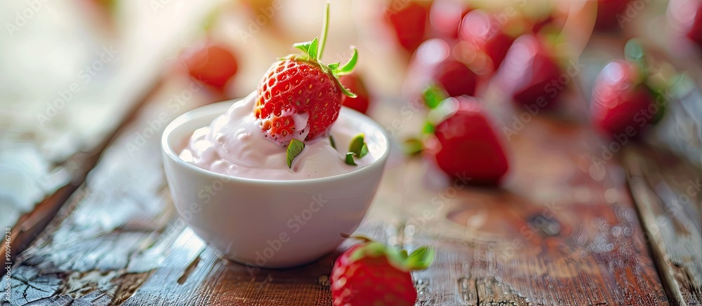 Aufkleber Selective focused strawberry yogurt displayed on a table with copy space image