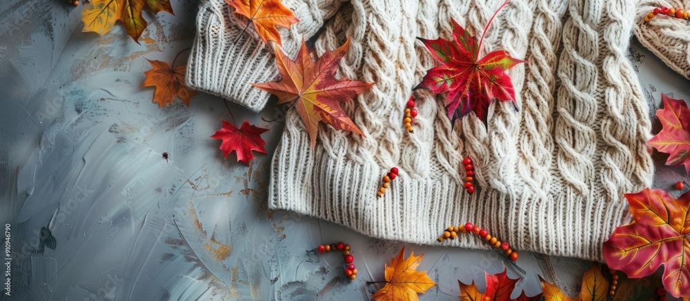 Poster In fall cozy sweaters are complemented by colorful leaves in a beautifully intertwined display capturing the essence of the season in a remarkable copy space image