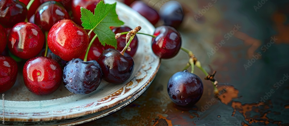 Poster a plate featuring cherries and grapes with copy space image available