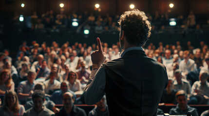 A leader giving a motivational speech to a large audience, highlighting their unique ability to inspire and lead with individuality