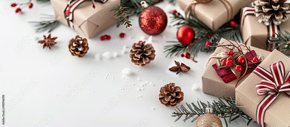 Aufkleber Festive Christmas decorations and gift boxes displayed on a white background with a focus on the details Includes copy space for customization in the image