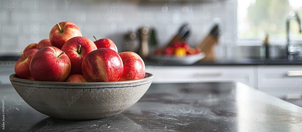Leinwandbilder fresh apples in a bowl displayed on a kitchen counter with copy space image