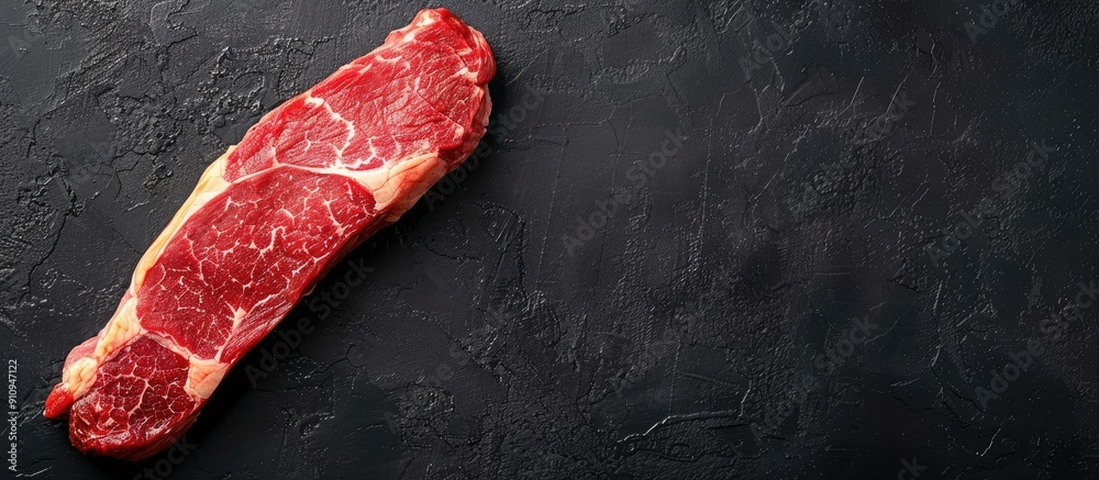 Poster top view of raw striploin steak or new york strip loin on black background with copy space image