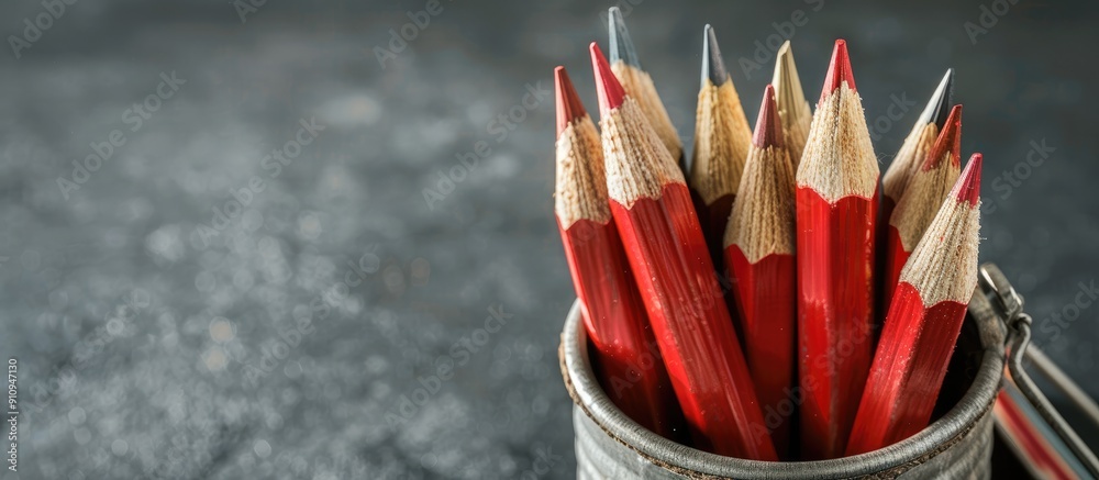 Poster Red sharp wooden pencils placed in a metal tin on a gray background with focus on the pencils ideal for a copy space image