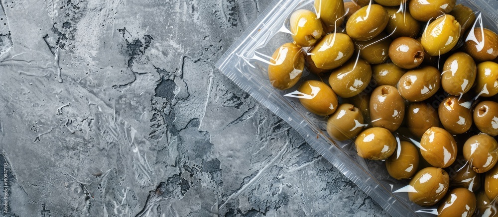 Poster Top view of olives in an unlabeled vacuum pack on a gray stone table with space for text in the image. Creative banner. Copyspace image