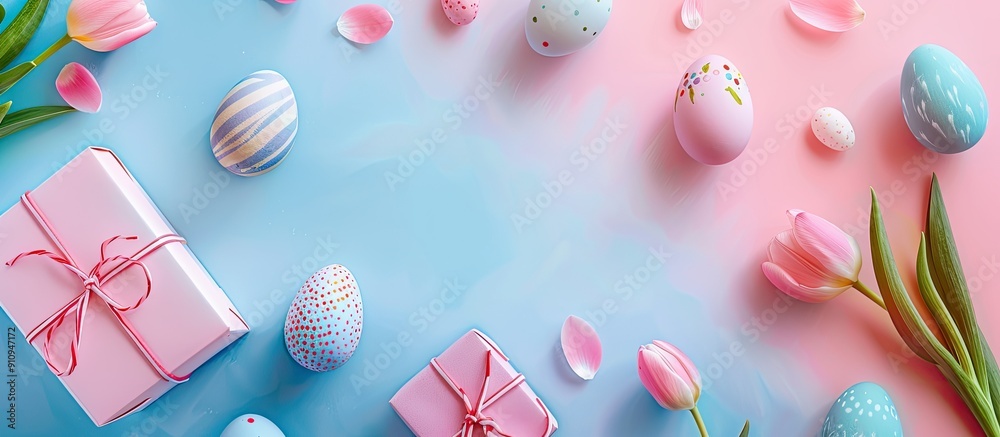 Fototapete top view happy easter composition featuring an easter themed frame with eggs a gift box a tulip and 