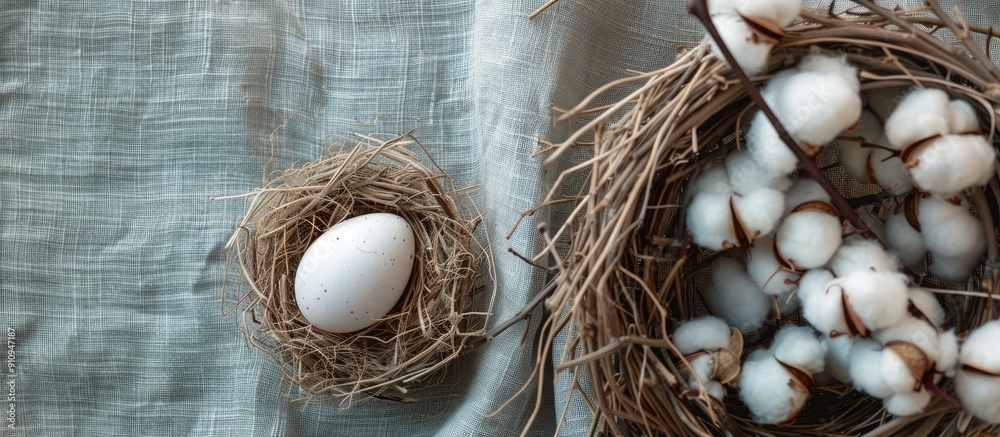 Leinwandbilder top view of easter themed decoration featuring an egg nestled in a nest and cotton on a textured rus