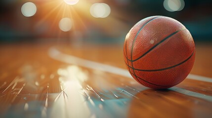 A Basketball On A Hardwood Court Floor With Spot Lighting, Ready For Play, Wallpaper Pictures, Background Hd