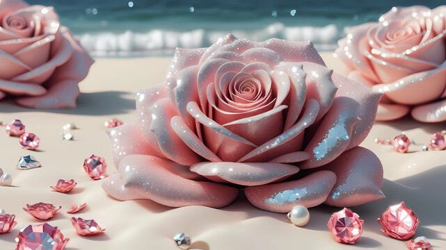 rosas 3d com perola de diamante, fundo areia do mar, detalhes de GLITTER rosa