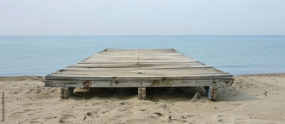 Poster a weathered wooden dock on a sandy beach in spring provides a serene backdrop perfect for a copy spa