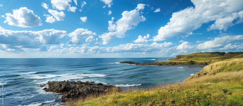 Poster scenic coastal view with clear blue skies and fluffy clouds on a sunny day featuring a wide copy spa