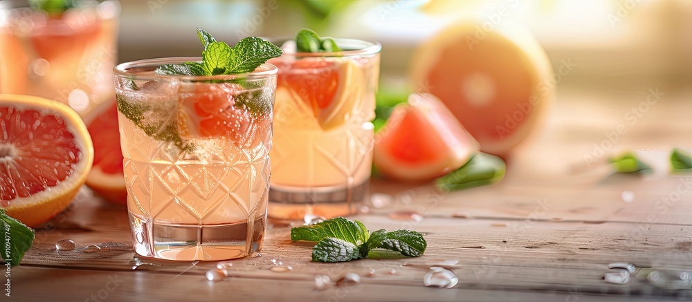 Poster refreshing summer cocktail featuring grapefruit juice with mint in glasses on the table perfect for 