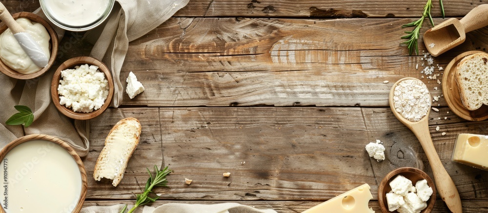 Poster wooden background with dairy products forming a frame copy space image