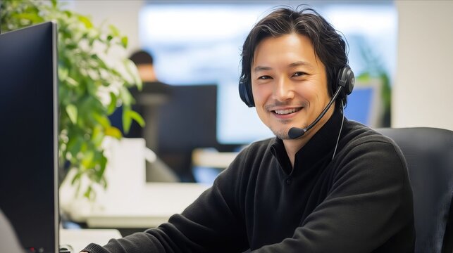 A man wearing a headset sitting at a desk in front of a computer