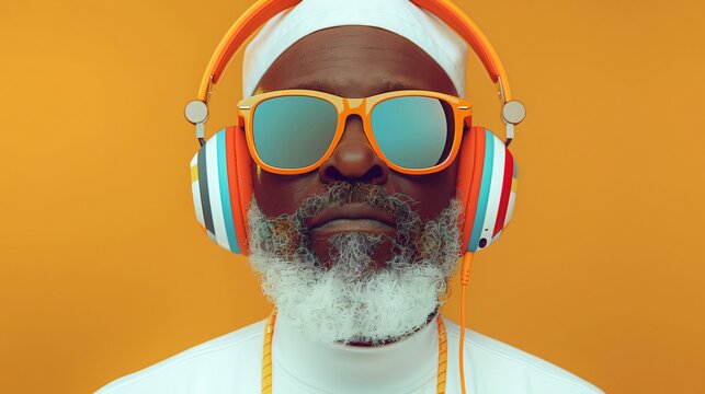 Stylish Jamaican dub musician; senior black man wearing headphones and sunglasses, enjoying music on a vibrant yellow background. a sense of timeless cool and the joy of music across generations