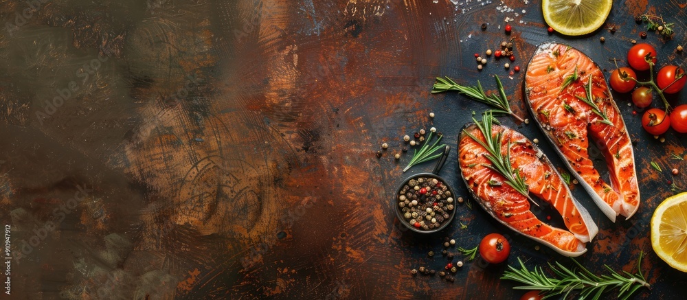 Poster salmon steaks with herbs lemon rosemary and spices displayed on a rustic background with copy space 