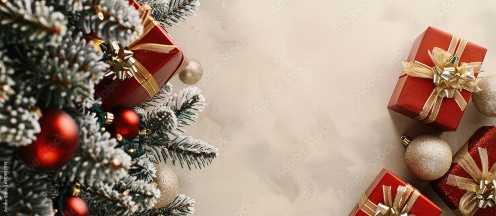 Poster a holiday themed copy space image displaying gifts in red boxes with gold ribbons under a christmas 
