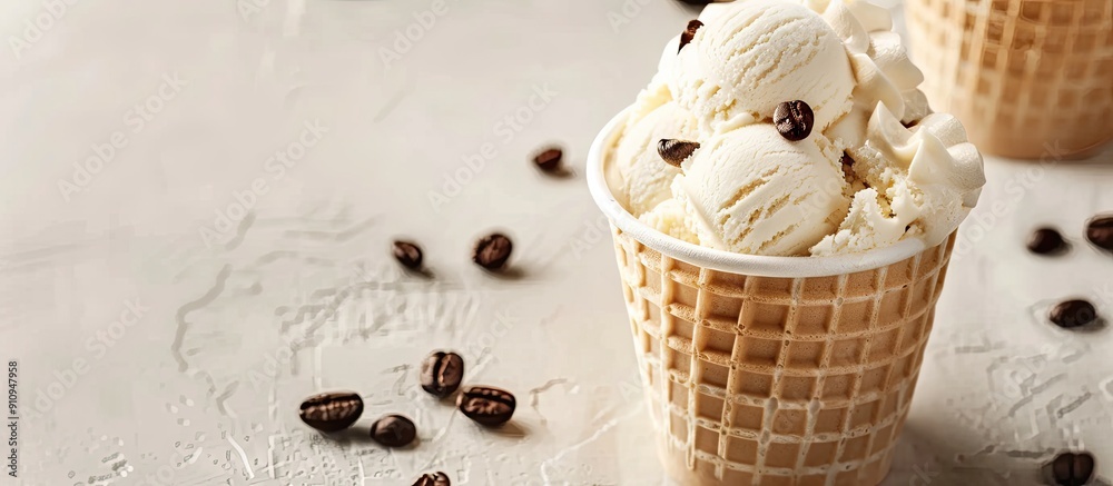 Poster waffle cup filled with vanilla and coffee ice cream with a blank space for an image. creative banner