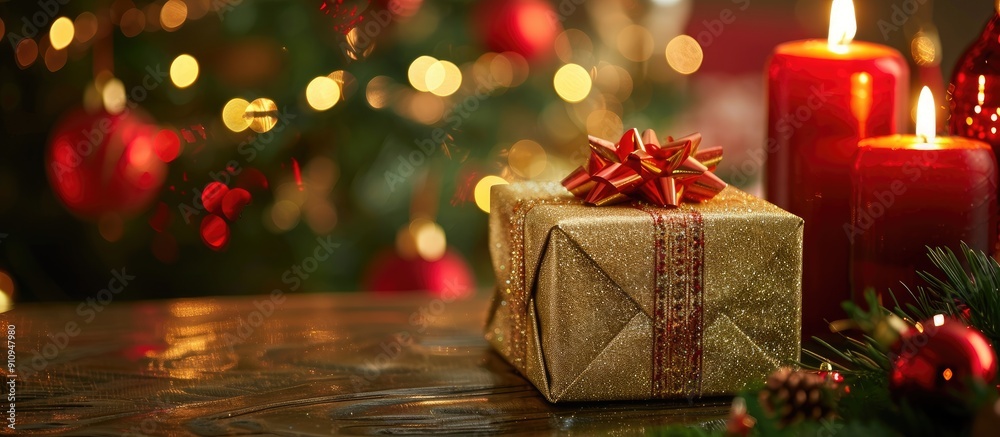 Aufkleber A golden gift box rests on the table with a Christmas tree and red candlesticks in the background creating a festive setting for a copy space image