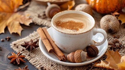 A cup of aromatic latte with autumn leaves, acorn, pumpkin and cinnamon