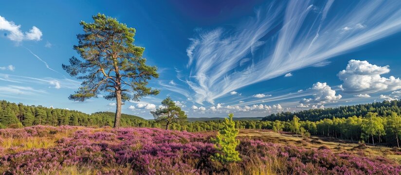 Landscape showcasing blooming heathland with trees under a clear blue sky providing a beautiful copy space image