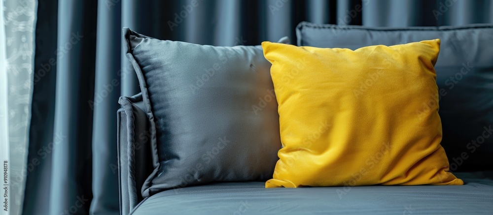Aufkleber a grey sofa with a yellow pillow showcased against a background with a curtain provides copy space f