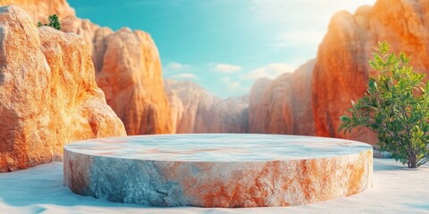 Stone Stage in the Canyon: A natural rock podium basks in the warm glow of a desert canyon, ideal for product placement amidst dramatic scenery.
