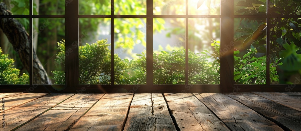 Fototapete Wooden table without objects set against a blurred green garden view through a window ideal for showcasing products or design with copy space image