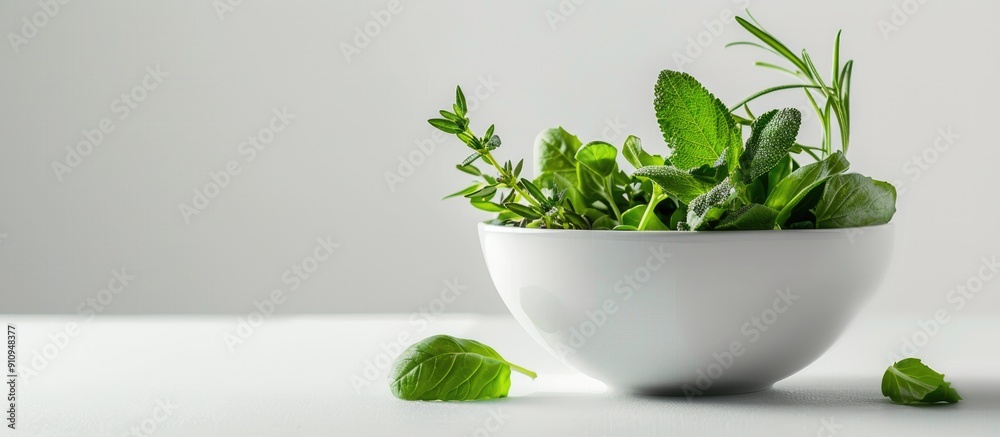 Poster white background highlights a bowl with fresh herbs in a copy space image