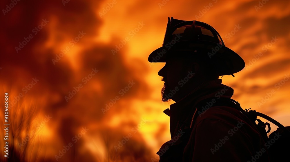 Wall mural Silhouette of a fireman against the background of fire