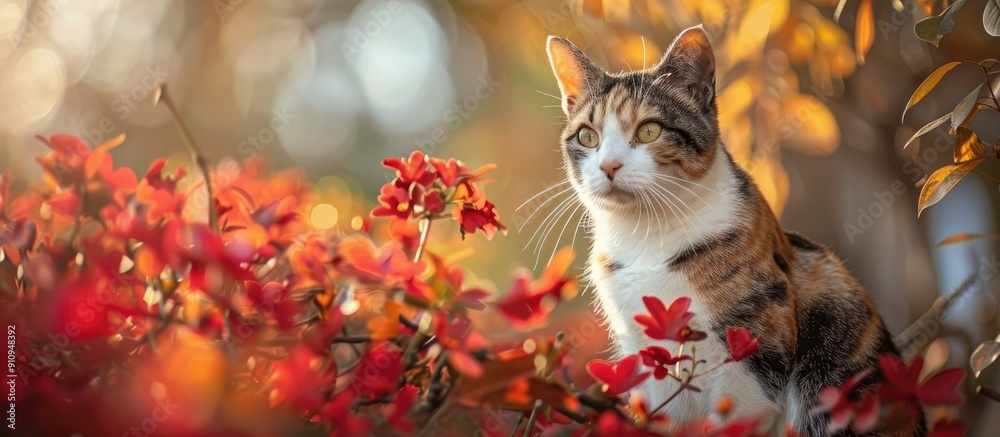 Poster a stunning cat with three colors and yellow eyes sitting near vibrant red autumn flowers in the park
